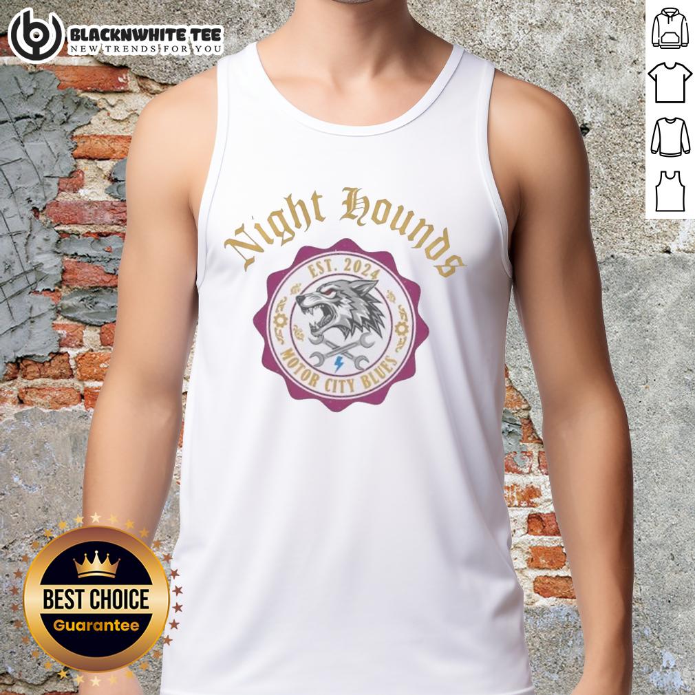 Top Night Hounds Motor City Blues Wolf Emblem 2024 Tank Top Top Night Hounds Motor City Blues wolf emblem on a stylish 2024 tank top, perfect for casual wear and music fans.