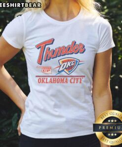 Alt Text: Vintage ladies tee featuring the Oklahoma City Thunder logo, perfect for fans and casual wear.