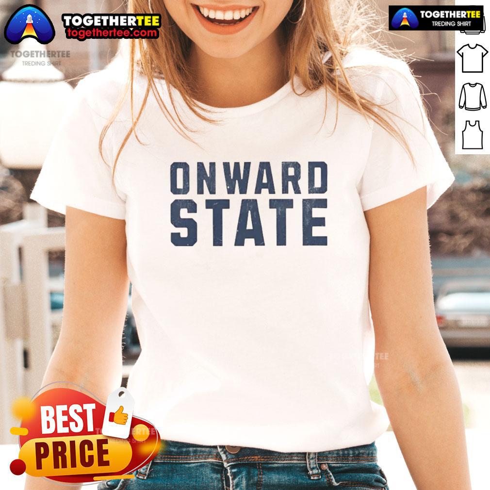 Top Onward State Text Simple Ladies Tee Simple ladies tee featuring 'Onward State' text design, perfect for casual wear and showing school spirit.