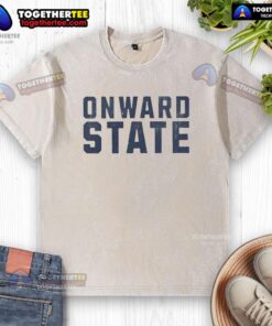 Simple washed t-shirt featuring 'Onward State' text, ideal for casual wear and showcasing school spirit.