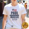 Alt Text: Top Paul Massie 2028 President Flag T-Shirt featuring patriotic design for supporters of Paul Massie's campaign.
