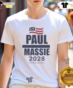 Alt Text: Top Paul Massie 2028 President Flag T-Shirt featuring patriotic design for supporters of Paul Massie's campaign.