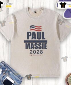 Top Paul Massie 2028 President flag washed t-shirt featuring vibrant colors and bold design for campaign supporters.