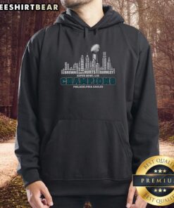Alt Text: Philadelphia Eagles Champions 2025 Super Bowl LIX skyline hoodie featuring city name and iconic design.