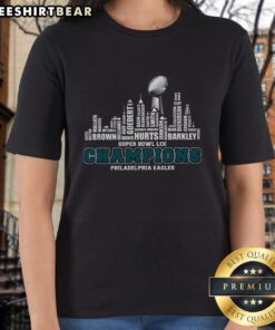 Top Philadelphia Eagles Champions 2025 Super Bowl LIX skyline ladies tee showcasing team pride and city spirit.