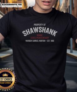 Top Property Of Shawshank Maine State Penitentiary T-Shirt featuring iconic prison design and vintage style.