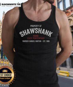 Top property of Shawshank Maine State Penitentiary tank top featuring iconic design inspired by the famous movie.