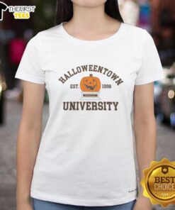Alt Text: Top Pumpkin Halloweentown University Est 1998 Ladies Tee featuring a stylish design perfect for Halloween celebrations.