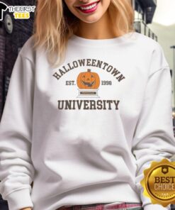 Cozy Top Pumpkin Halloweentown University Est 1998 sweatshirt in orange, perfect for Halloween enthusiasts and fans.