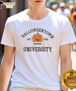 Alt Text: Top Pumpkin Halloweentown University Est 1998 T-Shirt featuring a festive pumpkin design for Halloween enthusiasts.