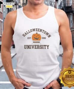 Top Pumpkin Halloweentown University Est 1998 tank top featuring a vibrant orange design perfect for Halloween festivities.