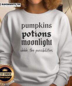 Cozy sweatshirt featuring 'Top Pumpkins Potions Moonlight Ohhh The Possibilities' design, perfect for fall festivities.