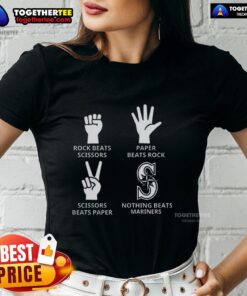 Seattle Mariners ladies tee featuring 'Top Rock Beats Scissors' design, perfect for fans of baseball and fun graphics.