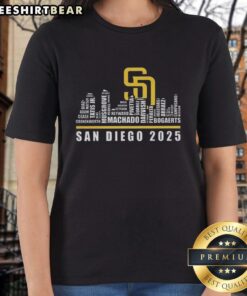 Top San Diego Padres 2025 ladies tee featuring a vibrant city skyline design, perfect for baseball fans.