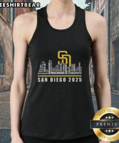 Alt Text: Stylish tank top featuring the San Diego Padres 2025 name and city skyline design, perfect for baseball fans.