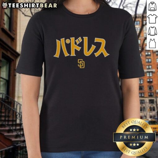 Alt Text: Top San Diego Padres MLB Katakana ladies tee featuring stylish design and vibrant team colors for fans.