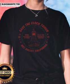 Alt Text: Top Save The Clock Tower Hill Valley California ladies tee featuring iconic clock tower design and vibrant colors.