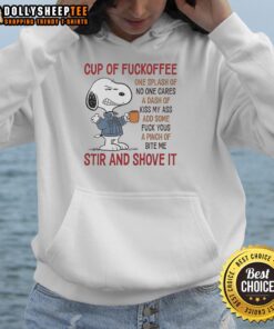 Alt Text: Top Snoopy Cup Of Fuckoffee Stir And Shove It Hoodie featuring a playful Snoopy design on a cozy black hoodie.