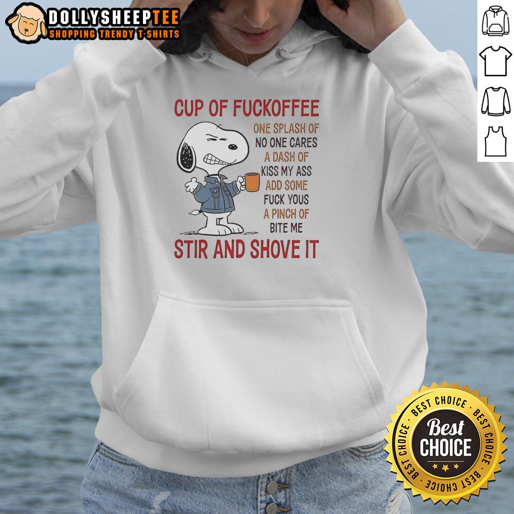 Top Snoopy Cup Of Fuckoffee Stir And Shove It Hoodie Alt Text: Top Snoopy Cup Of Fuckoffee Stir And Shove It Hoodie featuring a playful Snoopy design on a cozy black hoodie.