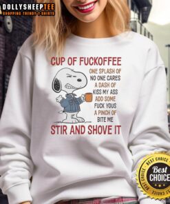 Cozy sweatshirt featuring Snoopy with 'Cup of Fuckoffee' design, perfect for coffee lovers and casual wear.