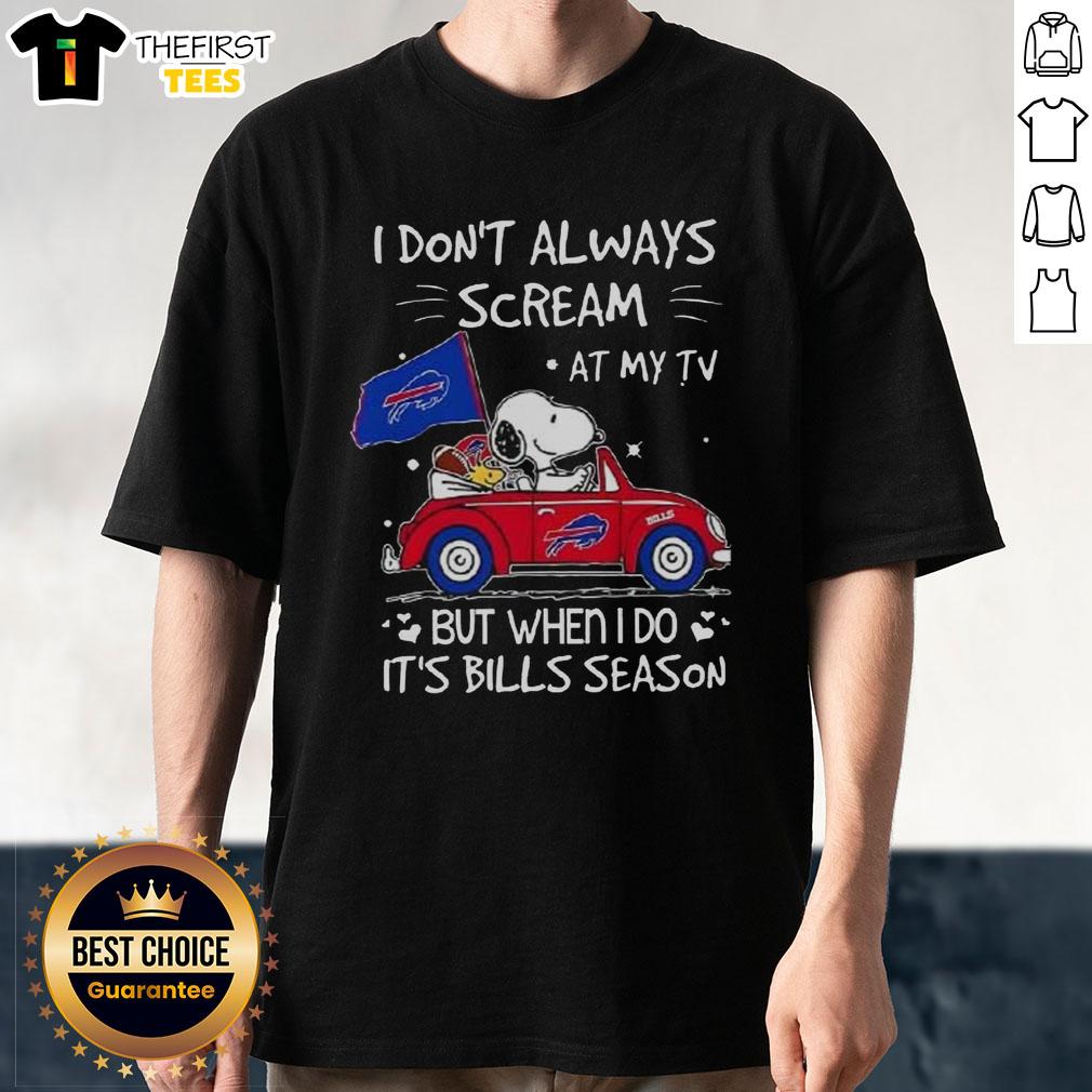 top-snoopy-driving-car-i-dont-always-scream-at-my-tv-but-when-i-do-its-bills-season-t-shirt-1 Alt Text: Snoopy driving a car on a 'I Don't Always Scream at My TV But When I Do It's Bills Season' T-Shirt design.