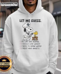 Top Snoopy X Woodstock Nurse Let Me Guess Hoodie featuring playful graphics of Snoopy and Woodstock in a cozy design.