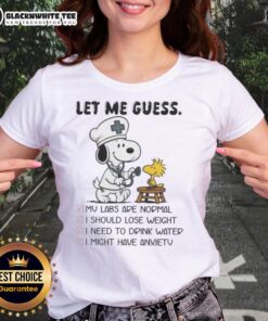 Top Snoopy x Woodstock Nurse Let Me Guess Ladies Tee featuring playful graphics of Snoopy and Woodstock in nurse attire.