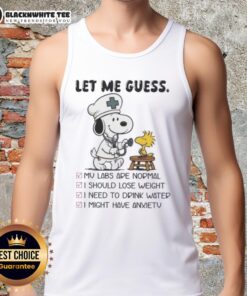 Top Snoopy X Woodstock Nurse Let Me Guess Tank Top featuring playful graphics of Snoopy and Woodstock in a fun design.