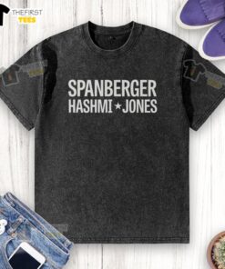 Top Spanberger Hashmi Jones logo on a stylish washed t-shirt, perfect for casual wear and fashion-forward looks.