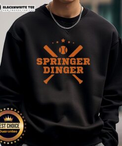 Alt Text: Cozy Top Springer Dinger George Springer sweatshirt featuring team colors and logo, perfect for baseball fans.