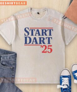 Alt Text: Jaxson Dart 25 New York Giants NFL football washed t-shirt displayed on a hanger, showcasing team colors and logo.