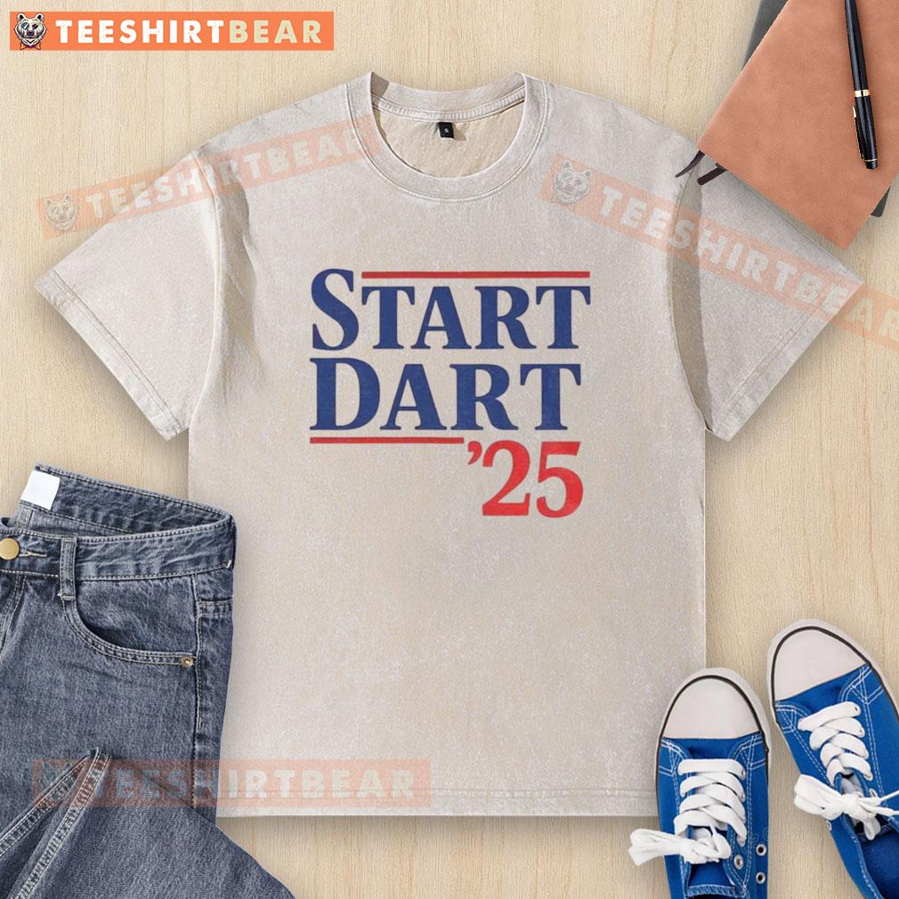 Top Start Jaxson Dart '25 New York Giants Nfl Football Washed T Shirt Alt Text: Jaxson Dart 25 New York Giants NFL football washed t-shirt displayed on a hanger, showcasing team colors and logo.