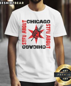 Stylish 'Top Stfu About Chicago Revolution Brewery' T-Shirt displayed on a hanger, perfect for craft beer enthusiasts.