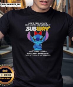 Top Stitch 'Dont Piss Me Off, Im a Grumpy Girl Working at Subway' T-Shirt design featuring playful typography and graphics.