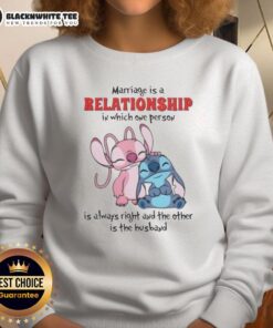 Funny sweatshirt reading 'Top Stitch Marriage: One is Always Right, the Other is the Husband' for couples.