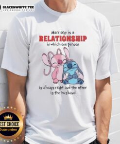Top Stitch Marriage T-Shirt: Funny design highlighting that one person is always right, and the other is the husband.