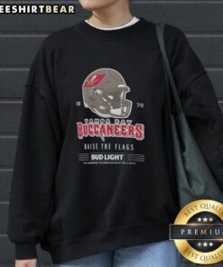 Alt Text: Vintage Tampa Bay Buccaneers Bud Light sweatshirt featuring the 1976 Raise the Flags football helmet design.