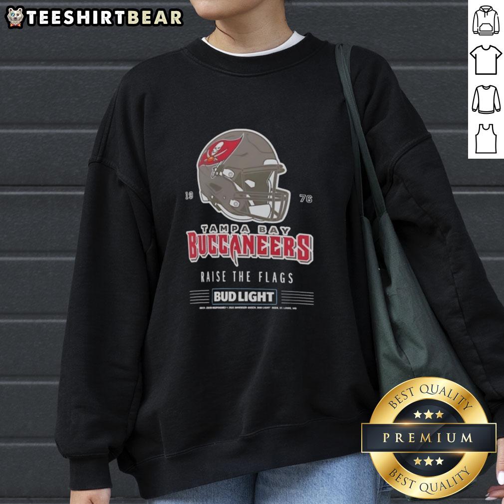 Top Tampa Bay Buccaneers Bud Light 1976 Raise The Flags Football Helmet Sweatshirt Alt Text: Vintage Tampa Bay Buccaneers Bud Light sweatshirt featuring the 1976 Raise the Flags football helmet design.
