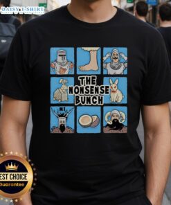 Alt Text: Top The Nonsense Bunch Monty Python And The Holy Grail X The Brady Bunch T-Shirt featuring iconic characters.