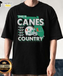 Alt Text: Miami Hurricanes 2025 State Champs football t-shirt featuring 'Top This Is Canes Country' design and helmet graphic.