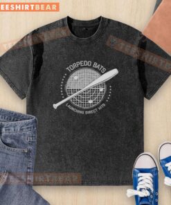 Alt Text: Top Torpedo Bats launching direct hits in a baseball-themed washed t-shirt design, perfect for baseball enthusiasts.
