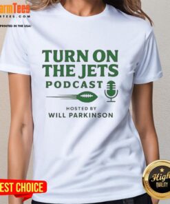 Top Turn On The Jets Podcast Ladies Tee featuring a stylish design for female fans of the popular sports show.