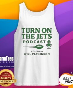 Top Turn On The Jets Podcast tank top featuring logo design, perfect for fans of the Jets and podcast enthusiasts.