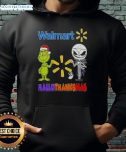 Happy Hallothanksmas hoodie featuring Walmart's Grinch and Jack Skellington giving a friendly fist bump.