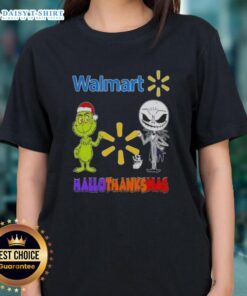 Top Walmart X Grinch and Jack Skellington friends fist bump on a happy Hallothanksmas ladies tee design.