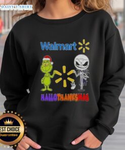 Alt Text: Top Walmart X Grinch and Jack Skellington fist bump on a festive Hallothanksmas sweatshirt design.