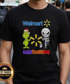 Alt Text: Top Walmart X Grinch and Jack Skellington Friends Fist Bump T-Shirt for Happy Hallothanksmas celebration.