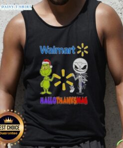Alt Text: Top Walmart X Grinch and Jack Skellington Friends Fist Bump Happy Hallothanksmas Tank Top for festive celebrations.