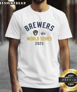 Milwaukee Brewers 2025 World Series MLB logo T-shirt featuring vibrant graphics and team colors for baseball fans.