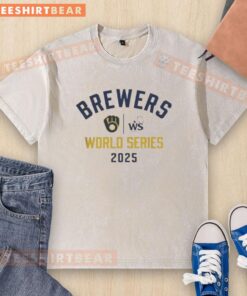 Alt Text: Milwaukee Brewers 2025 World Series logo on a washed t-shirt, perfect for baseball fans celebrating MLB history.